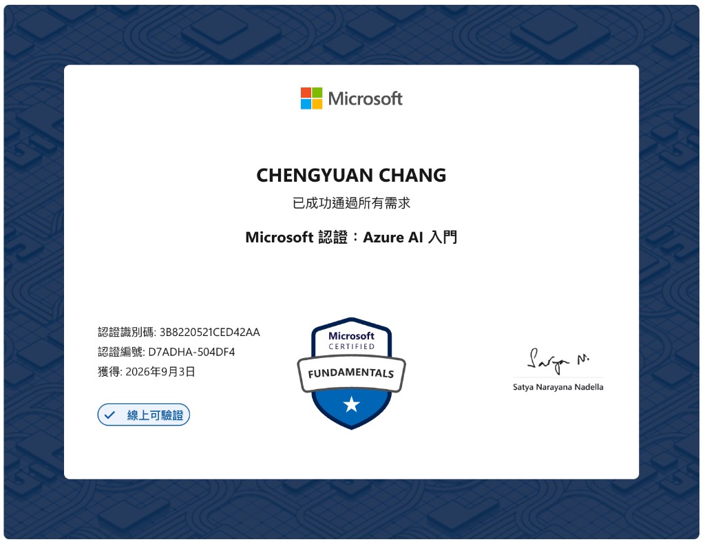 Microsoft Certified: Azure AI Fundamentals certificate for ChengYuan Chang